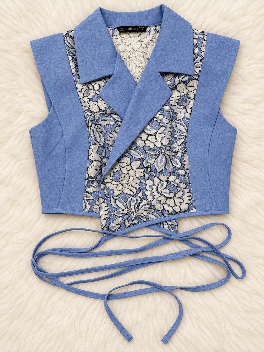 Solinary Blue Floral Lace Wrap Vest Tie Waist Top